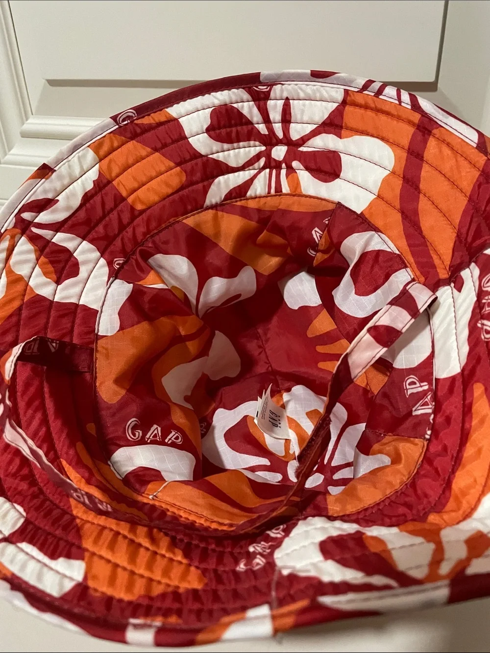 GAP Red and Orange Printed Bucket Hat with Striped Band